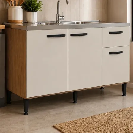 Gabinete de Pia 1,20 Balcão de Cozinha Multiuso 3 Portas Gaveta Armário Pia Armário de Cozinha 120x80x52cm Organizador Pia Cor Branco Ideal Cozinha Compacta e Área serviço Porta Amadeirada Off White
