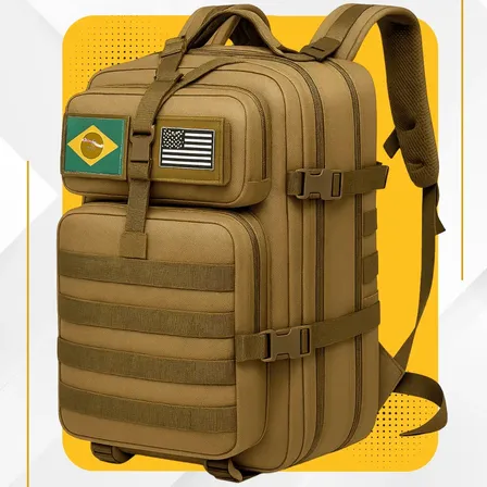 Mochila Tática Impermeável Militar Reforçada Grande 50 Litros Masculina Feminina Anne Caqui Areia Marrom Liso
