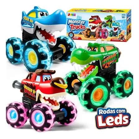 Kit 3 Carrinhos Monster Trucks Modelos Glow Rover Rodas Led Coloridas com Fricção Luzes Brinquedo Criança Bebe