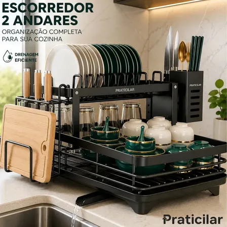Escorredor De Louça Secador De Pratos Cozinha Aço Inox Preto 2 Andar Porta Talher Tigela E Copos Praticilar