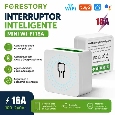 Forestory Interruptor Inteligente Wifi Mini 1ch 16a Relé Inteligente Wifi Smart Switch Tuya Smart Life Alexa Google Assistant Automação Residencial Para Luz Led Lâmpadas E Aparelhos Branco 127/220v