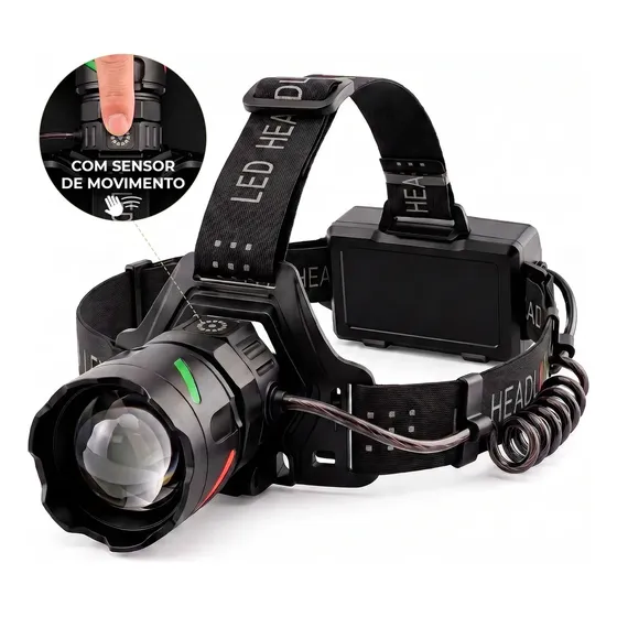 Lanterna de Cabeca Potente Recarregável IP65 À prova d'água Poeira Zoom Telescópico 7 Modos Iluminação Sensor Inteligente Uniled