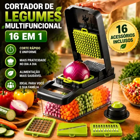 Cortador 16em1 lâminas inox, cesto escorredor, tampa anti-corte, desmontável, base antiderrapante para cozinha