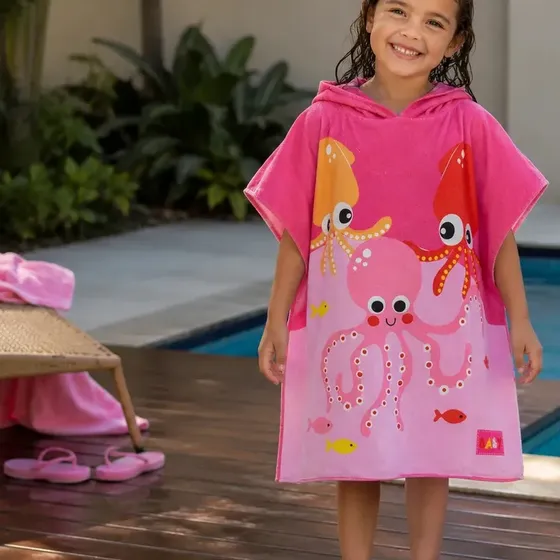 Poncho Infantil Natacao Surf Atoalhado Roupão Eps-0383 Praia Piscina Banho Toalha Estampa Polvo Menina