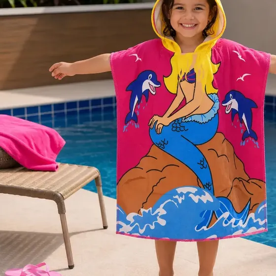 Poncho Infantil Natacao Surf Atoalhado Roupão Eps-0147 Praia Piscina Banho Toalha Estampa de Sereia Menina