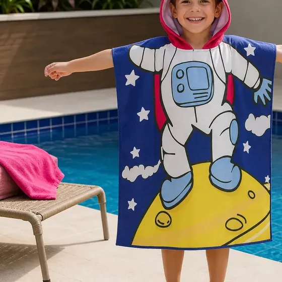 Poncho Infantil Natacao Surf Atoalhado Roupão Eps-1853 Praia Piscina Banho Toalha Estampa Astronauta Menino