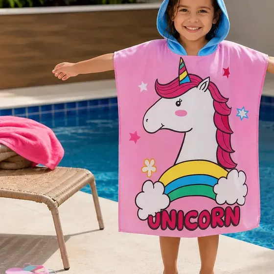 Poncho Infantil Natacao Surf Atoalhado Roupão Eps-2051 Praia Piscina Banho Toalha Estampa de Unicórnio Menina