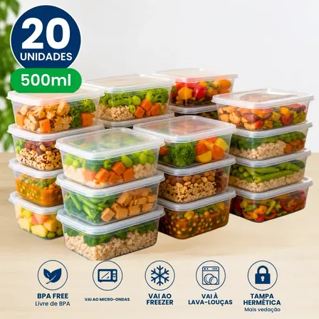 Kit com 20 Potes Plástico Hermético de 500 mL para Marmita Fitness