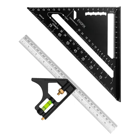 Kit Esquadro Combinado Com Nível 12 + Esquadro Rápido Triangular 7 Para Marcenaria Carpintaria Serralheria Construção Montagem De Móveis Medição Marcação Alinhamento 45° E 90° Preto