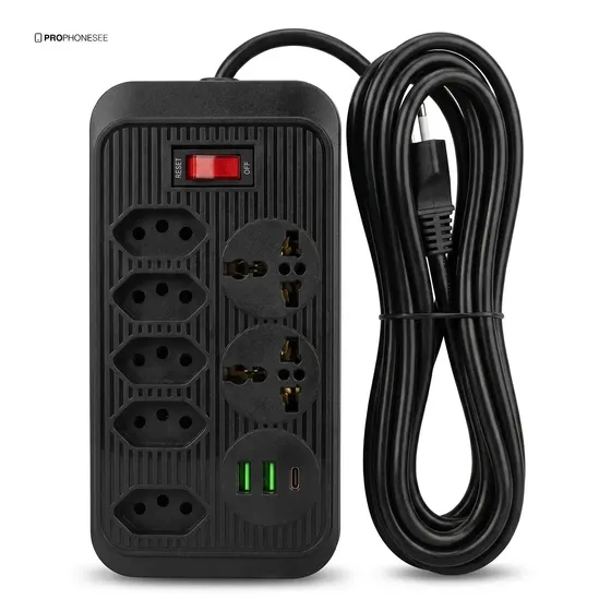 Extensão Elétrica 5 Tomadas 2 USB 1 Tipo C Pd Filtro de Linha com Proteção de Sobrecarga Tomada Universal Tripolar Cabo 5 metro Régua Energia Com Interruptor De Segurança Protetor De Surto Bivolt