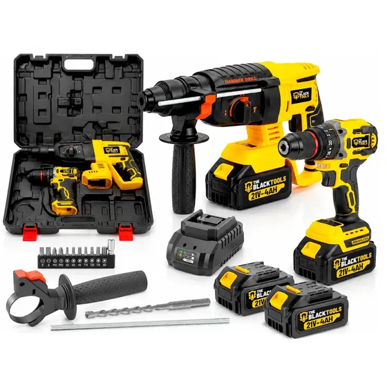 Kit Multi Ferramentas 2 Em 1 21v Sem Fio Com 2 Baterias Furadeira Parafusadeira + Martelete Rompedor The Black Tools