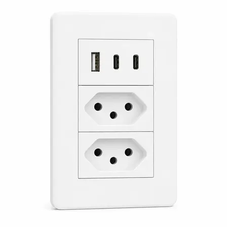 Tomada De Embutir Modular E Desmontável,tomada De Parede 2 Tomadas Usb E 2 Usb-c 10a Nexonda Branco sem led