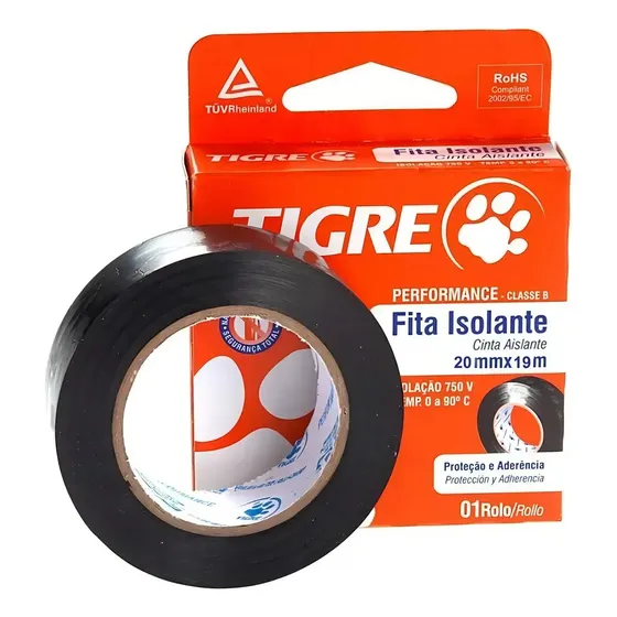 Fita Isolante Tigre Preta 20m x 19mm Classe B Anti Chamas