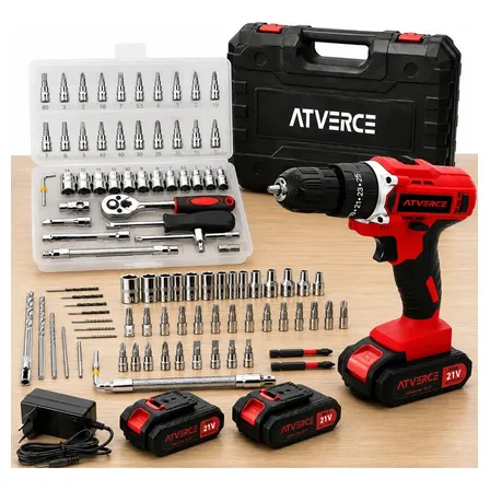 Parafusadeira Furadeira De Impacto Atverce, Sem Fio, Com 2 Baterias E Kit 46 Peças Terracota 127/220v 60 Hz