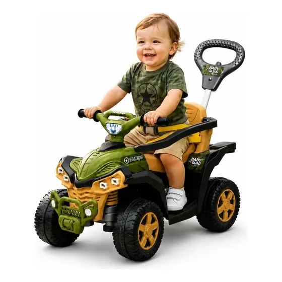 Carrinho De Passeio Infantil Quadriciclo Militar Andador Empurrador Baby Quad Verde Com Buzina e Cinto