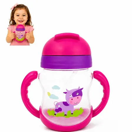 Copo de Treinamento infantil Anti Vazamento com Canudo de Silicone e alças 300ml