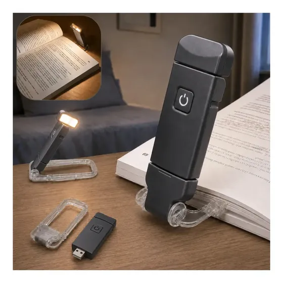 Luminária Luz Led De Leitura Noturna Cor Preta Para Livro Recarregavel Usb Com Clipe Alínea