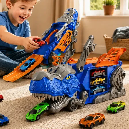 Brinquedo Dinossauro Que Engole Carrinhos Com Pista E Lançador, Kit Fallove Com 6 Carros Azul-marinho