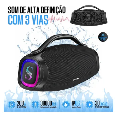 Caixa De Som Boombox Sabala Bluetooth 5.4 Portátil-200w-dr300 39000mah Potente Rms 35hz - 20khz App - Preto 127/220v