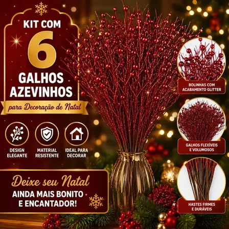 Kit 6 Azevinhos Buque Enfeites De Natal Glitter Galhos Bolha De Barba Artificial Haste Sambalelê Artigos Para Festas E Descartáveis Vermelho Lisa