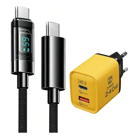 Carregador Gan 240w + Cabo Display Led Tipo C 65w Kit Zhike Amarelo
