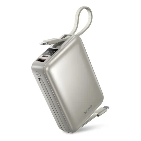 Carregador Portátil Power Bank Basike 20000mAh 22.5W Rápido Cabos Embutidos Tipo C iPhone Samsung