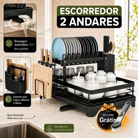 Escorredor De Louça Secador De Pratos Cozinha Aço Inox Preto 2 Andar Porta Talher Tigela E Copos Laruno