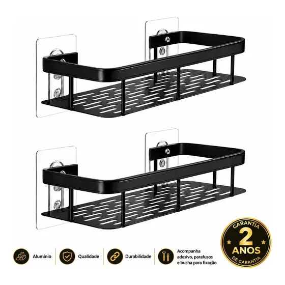 Kit 2 Suporte Porta Shampoo Sabonete Banheiro Adesivo Parede Sem Furos Box Luxo Cor Preto Laruno