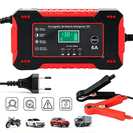 Carregador Inteligente De Bateria 12v 6a, Bivolt Portátil, Para Carro E Moto