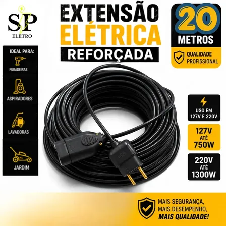 Extensão Eletrica Reforçada 20 Metros Profissional 10/20a Obra Profissional Eletro Sp Preto 127v