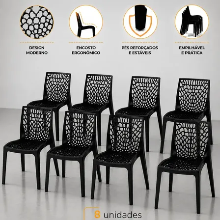 Kit 08 Cadeira Gruvyer Preta Ergonômica Moderna Suporta 140kg Empilhavel Resistente Feita Para Área Interna E Externa... Preto Liberty