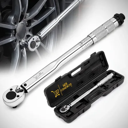Torquímetro de Estalo Click 1/2 Pol Reversível Ajustável Bidirecional com Estojo 28 a 210 Nm 2,8 a 21 kgf.m Profissional Alta Precisão para Torque Automotivo Mecânica Oficina Rodas Motor Suspensão