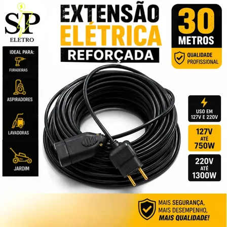 Extensão Elétrica Reforçada 30 Metros 10a/20a Obra Profissional Eletro Sp Preto 127/220v