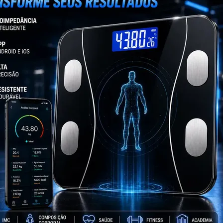 Balança Digital Bioimpedância Smart Bluetooth Inteligente Imc Saúde Peso App Android Academia Banheiro Alta Precisão Megalodonte Preto