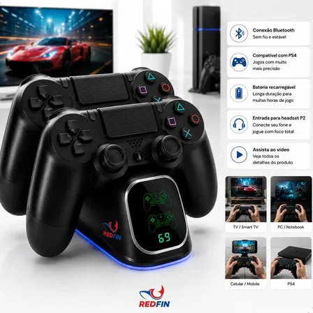 Kit 2 Controles Para Ps4 + Base Carregador Para 2 Controles Compatível Sem Fio - Tv Samsung Pc P4 Ps 4 Bluetooth Manete Gamer Tv Smart Celular Headset P2 Cor Preto Marca Redfin