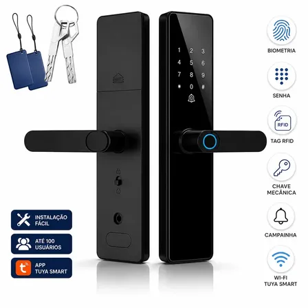 Fechadura Digital Biométrica Asus Wifi Senha App Tuya Preta Preto
