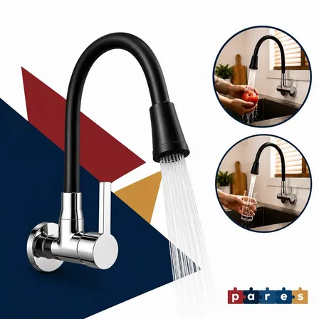 Torneira Gourmet Luxo Flexível Cozinha Parede 2 Jatos Pia Metal Cor Aço Inox E Preto- Marca Pares Cromado