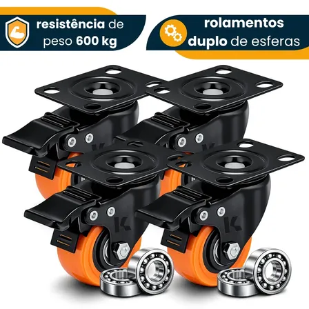 Kit 4 Rodízios Giratórios Industriais de 2" Laranja com Freio, Anti-Risco e Suporte de 600kg