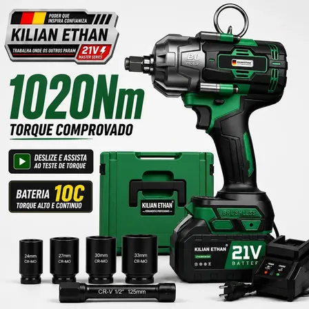 Chave De Impacto 1020nm Torque Comprovado | Bateria 10c 4ah + Carga Rápida 3a | Kit Completo | Suv, Picape, Van E... Verde 127/220v
