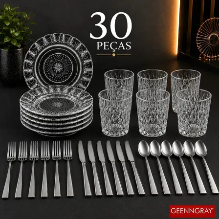 Jogo Kit 30 Peças Aparelho Jantar Completo Pratos Fundos Estrela + Copos Vidro Diamond + Talheres Inox Mesa Posta Geenngray Transparente