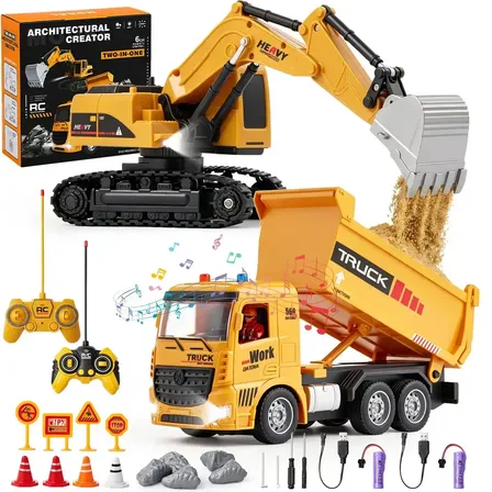 Escavador E Veículo Construção Controle Remoto Brinquedo 2in1 Amarelo