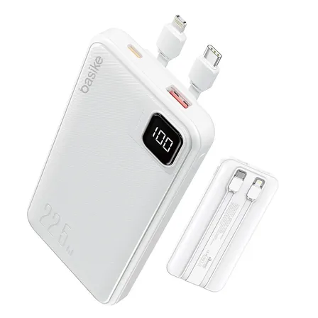 Power Bank Basike 10000mAh Branco, Carga Rápida 22.5W para iPhone e Samsung, Com Cabos Embutidos e Display