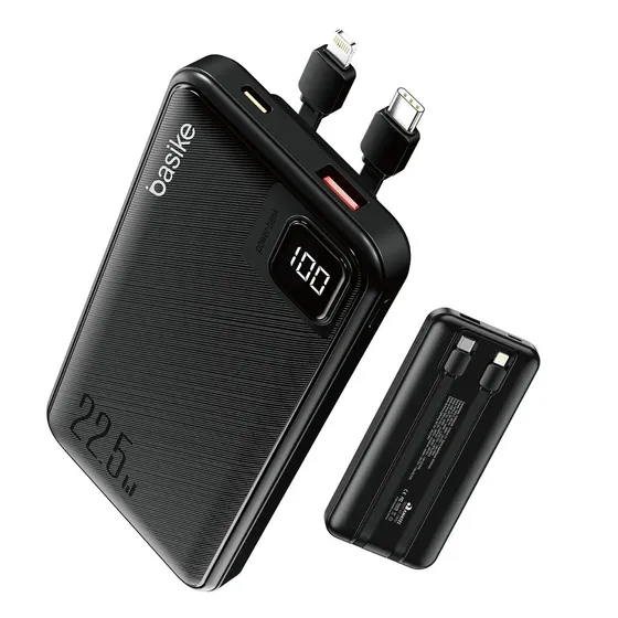 Power Bank Basike 10000mAh Preto, Carga Rápida 22.5W para iPhone e Samsung, Com Cabos Embutidos e Display
