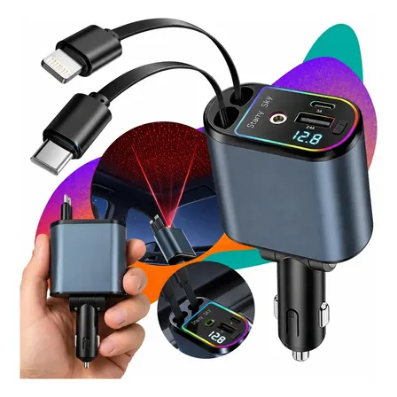 Carregador Veicular Retrátil Turbo 120W 4 em 1 Com 2 Cabos Para Carros Caminhão Carga Rápida Tipo-c E USB Compatível Com iPhone Samsung