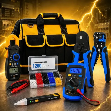 Kit Ferramentas Eletricista Profissional Completo Bolsa Reforçada 1200 Terminais Ilhós Conexão Alicate Crimpador Desencapador Amperímetro Multímetro Digital Caneta Detectora Tensão Maleta Organizadora