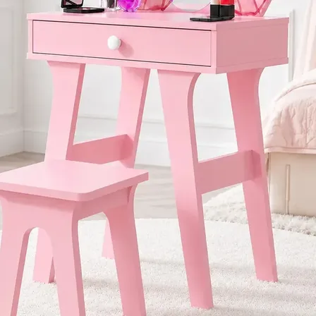 Penteadeira Infantil Borboleta Rosa Com Espelho e Banqueta de MDF