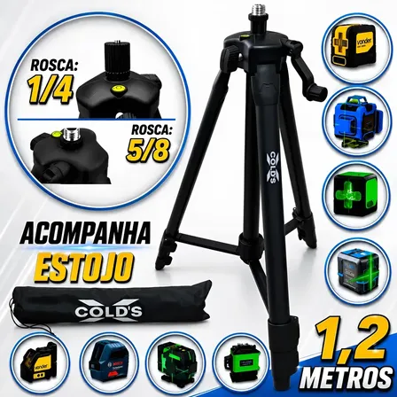 Tripé Reforçado Profissional Para Nível A Laser 1,2 Metro 120cm Rosca De 5/8 + Adaptador De 1/4 + Bolsa - Preto Xcolds