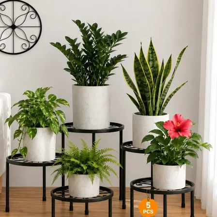 Kit 5 Suportes De Chão Para Vasos De Plantas Em Metal Antiderrapantes E Resistentes À Ferrugem Para Sala Varanda Jardim E Pátio Preto Porta-vasos De Chão