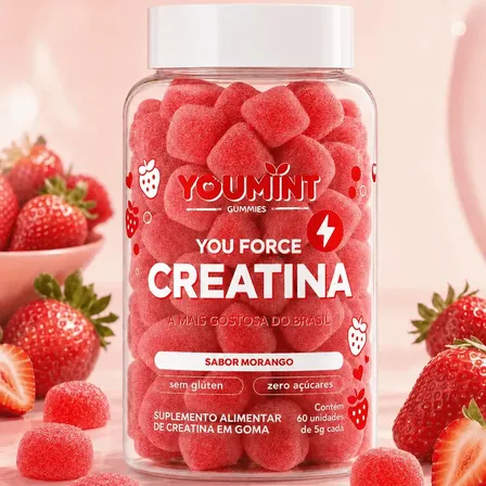 Creatina Gummy Zero Açúcar 60 Gomas Youmint Sabor Morango