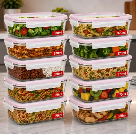 Kit 10 Potes de Vidro Herméticos 370ml Marmita Fitness Freezer Microondas Organizador de Alimentos Reutilizável para Refeições MLO SHOP